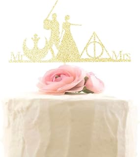 Alien Wars Wedding Cake Topper, Bride and Groom, Mr & Mrs Cake Decor, Gold Glitter Wedding Anniversary Party Decorations
