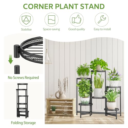Image of iDavosic.ly 6 Tier Large Plant Stand Indoor with 10-Inch Wide Drainage Tray, Tiered Corner Metal Outdoor Flower Display Holder Shelf, Folding Tall Rack for Patio Porch Balcony, Black Iron Carving