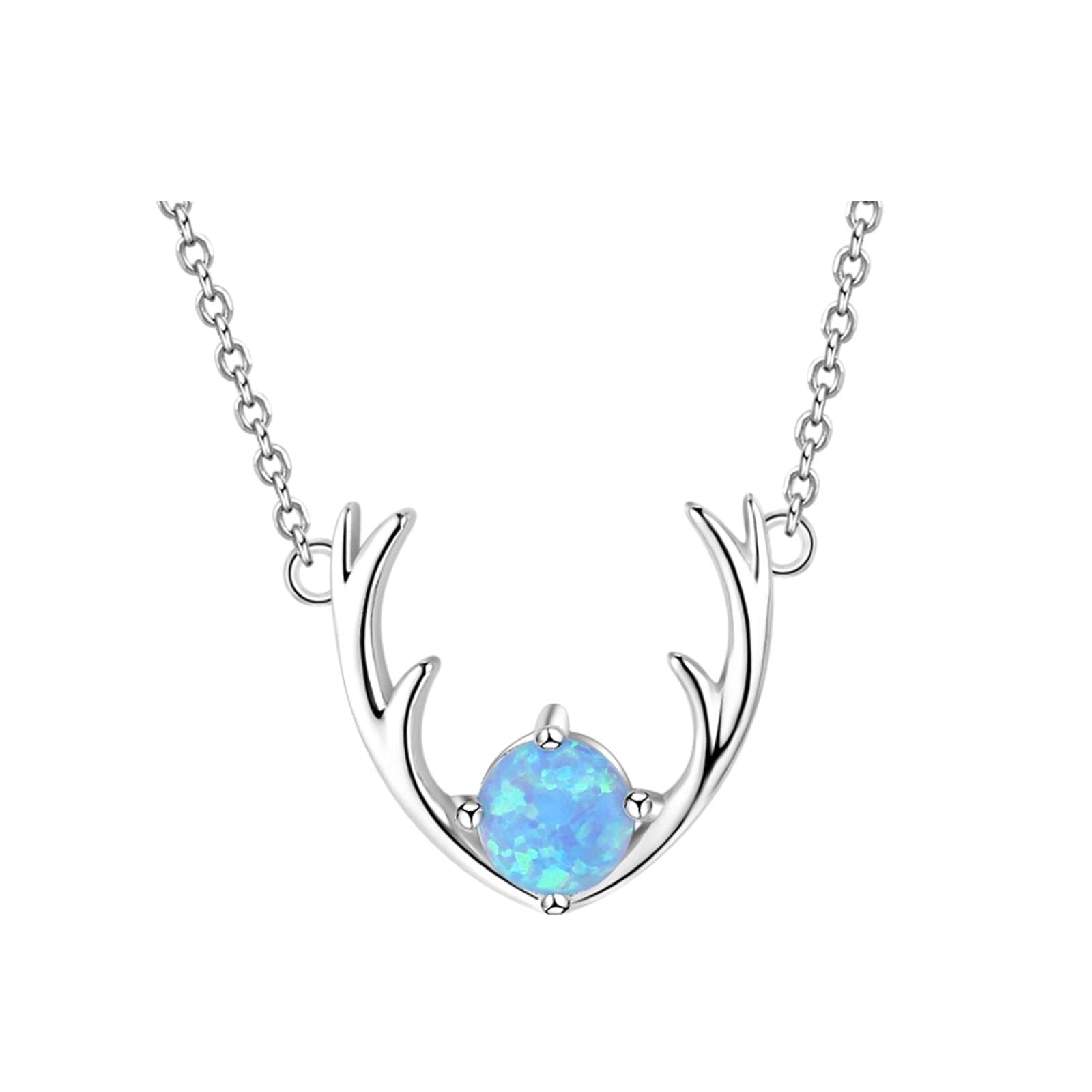 SALAN Collar con Forma De Astas De Ciervo De Alce De Joyería Fina De Plata De Ley 925 con Collares Y Colgantes De Ópalo Azul para Mujer