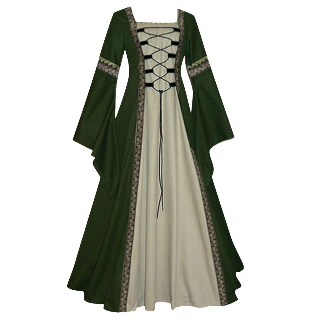 Halloween Costume for Women, Gothic Medieval Renaissance Dress Vintage Party Evening Dresses for Halloween Carnival,Swing & Long Sleeve Green XL