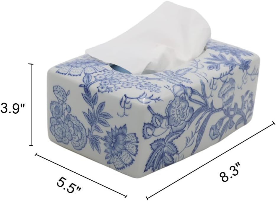 Ceramic Rectangular Tissue Box Cover Holder, Durable Healthy Ecofriendly Decorative Tissue Box Case Organizer Holder for Vanity Toilet Tank Dresser Night Stand Table Countertop，Blue and White A