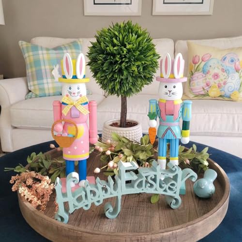 image for RattanView 2 Pcs Easter Bunny Nutcracker 10 Inch Traditional Rabbit Wo