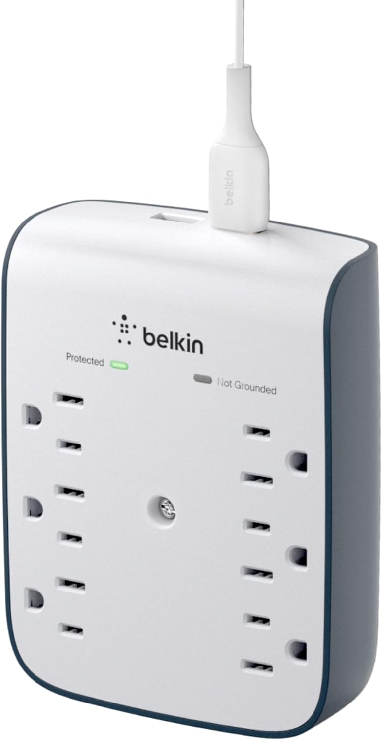 Belkin 6-Outlet Wall Surge Protector w/ 2 USB-A Ports, Wall-Mountable Surge Protector for Home, Office, Travel, Computer Desktop, Laptop, Phone Charger, & More – 900 Joules of Protection