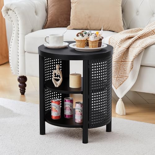Image of 3 Tire Small Round Side Table with Iron Rattan, 17 inch Farmhouse Bohemian End Table with Storage Shelf, Wood Nightstand for Living Romm Sofa Couch, Bedroom (Black)