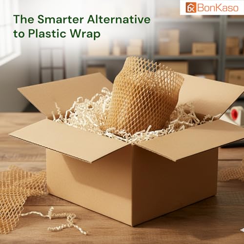 Image of BonKaso Honeycomb Paper Wrap Roll 50M x 15 Inch | 80 GSM Eco-Friendly Brown Packaging Roll | Cushioning & Shockproof Wrap for Fragile Items | Sustainable Packing Material for Shipping