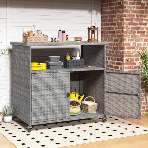 Image of Tangkula Rattan Outdoor Storage Cabinet with 4 Wheels (Mix Grey)
