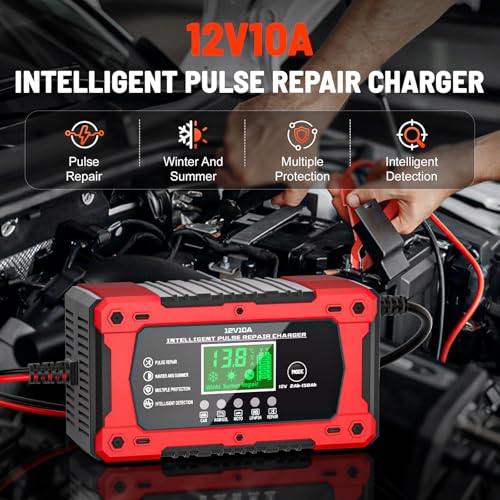 10A 12V Battery Charger for Car Fully Automatic Smart Trickle Charger & Maintainer with LCD Display, Temperature Compensation for Truck, Motorcycle, Boat, Lawn Mower - Thumbnail 2
