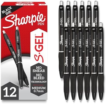 Sharpie S-Gel, Gel Pens, Medium Point (0.7mm), Black Ink Gel Pen, 12 Count