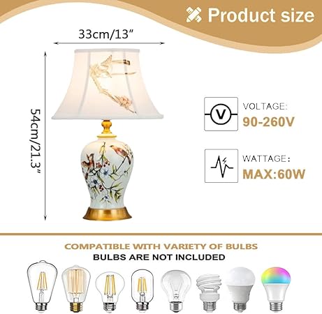 SQUSMAY Modern Ceramic Table Lamp,Hand-Painted Flower and Bird Decorative Table Lamp with Cloth Shade,Art Deco Bedside Lamp for Living Room,Bedroom, Study Room photo 3