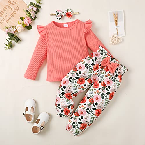 Image of YALLET 3Pcs Toddler Girl Clothes Solid Color Long Sleeves Ruffle Top+Floral Pants+Headband 1-6 Years Fall /Winter Outfits Set