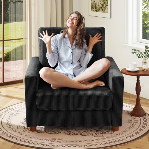 Image of Kidirect 35.5in Corduroy Couch Accent Chair, Tool-Free Setup Living Room Sofa Accent Chairs, Reading Chair for Bedroom 22.5in Extra Deep Seats, Comfy Arm Chairs for Office, All-Wood Reading Nook Black