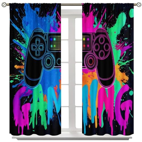 wlsgdsg Video Game Curtains, Cartoon Modern Blue Flame Pixel Game Button Creative Gamepad Decor...