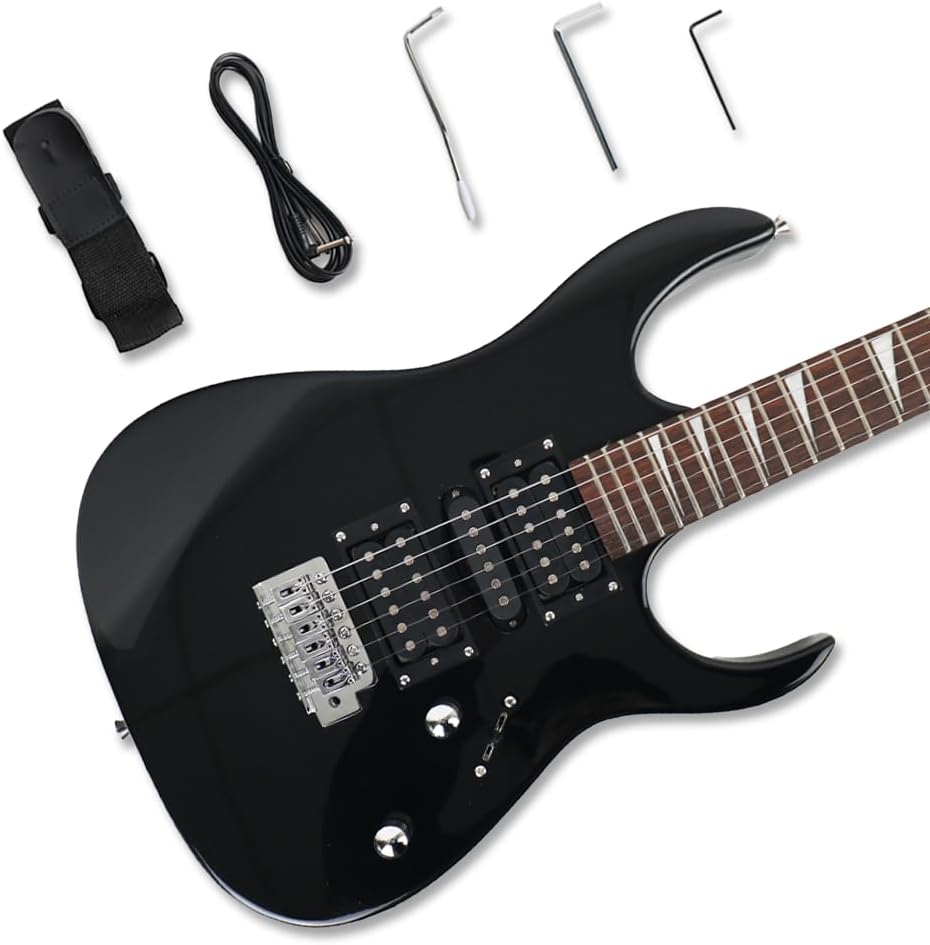Electric guitar 39'' full size 24F single tremolo HSH pickups maple neck phoenix body 25.5inch scale length glossy black color 1V 1T 5ways toggle for starter beginner party show(SDBK)