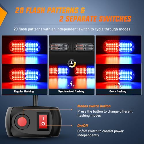 Image of Nilight 4PCS LED Strobe Lights 12V 24V Sync Feature Red Blue | 24LED Emergency Hazard Warning Lights with Controller Hard Wire or Cigarette Lighter Plug for Car Truck RVs Campers