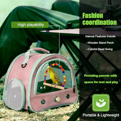 Image of Portable Parrot Travel Cage Carrier with Small Swing Toy&Cage Colorful Toys Set Small Bird Parakeet Bag with Standing Perch Bird Carry Transport Bag (Pink, Carrier /Swing)