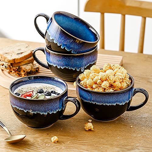 Koov Ceramic Soup Mug, Soup Bowls With Handles Microwave Safe, 24 Ounce Jumbo Mug And Cereal Mugs Set Of 4, Reactive Glaze (Nebula Blue) #TOP3