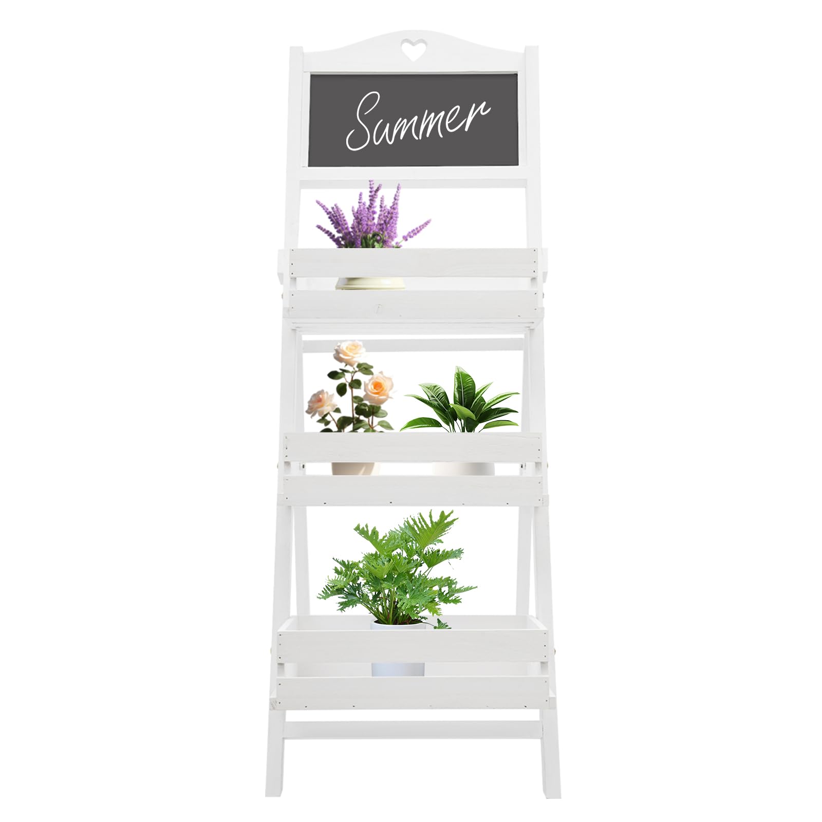 3-Tier Plant Stand with Chalkboard, Ladder Shelf for Indoor/Outdoor Plants, 10kg Wooden Plant Rack, Multi-Tiered Flower Stand for Home Garden Balcony Decoration, White Modern Plant Display Organizer