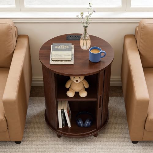 Image of DHH End Table Set of 2 with Storage & Charging Station, Fluted Accent Side Table with Sliding Door & Adjustable Shelf, Mid-Century Nightstand for Small Spaces, Living Room, Bedroom(2, Walnut)