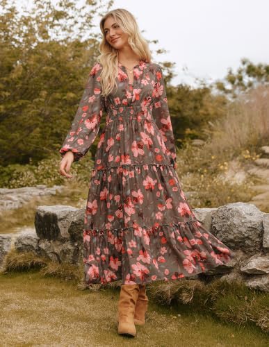 Image of GRACE KARIN Women's Floral Maxi Dress 2026 Fall Long Sleeve V Neck Empire Waist A Line Flowy Dress with Pocket