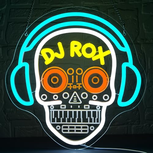 DJ Skull Neon Sign for Wall Decor Dimmable Skeleton Neon Light for Man Cave Music LED Light Sign for Music Room Studio Stage Dancing Hall Halloween Bar Party Birthday Gift Art 12.7 * 12.5In