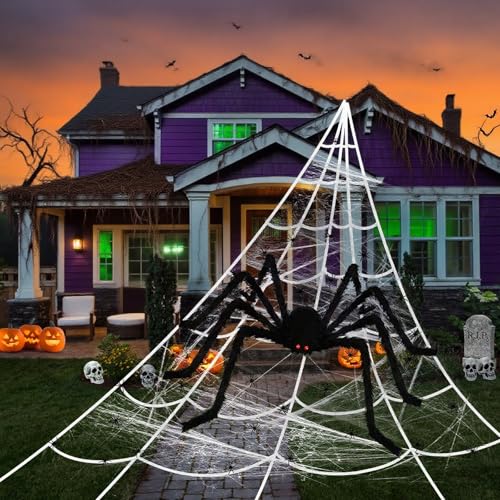 4 PCS Halloween Decorations Spider Web, 50'' Giant Spider + 200'' Triangular Giant Spider Web ，40 G Spider Web and 20 little spiders，Halloween Spider for Indoor Outdoor Scary Haunted House