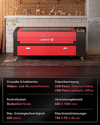 Foto von OMTech 100W CO2 Laser Graviermaschine Lasergravierer 600x1000 mm Laserschneider 24 x 40 Zoll Industrielle Gravurmaschine mit Autofokus, Luftunterstützung, digitalem Bedienfeld, RDWorks, industrieller