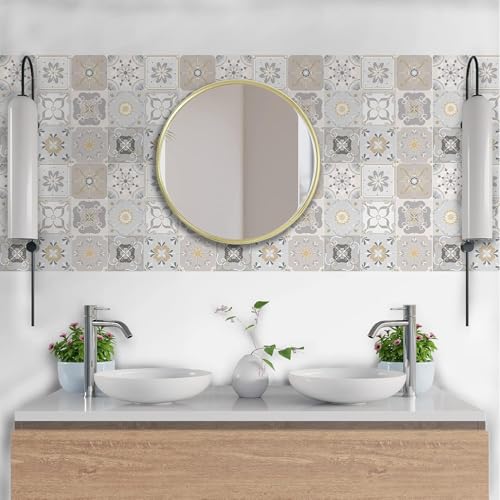 Image of Moroccan Tile Stickers | Waterproof Self Adhesive Peel & Stick Tile Decals for Kitchen Backsplash, Bathroom Wall, Floor, Furniture & Glass (4x4 Inch, Design 73)