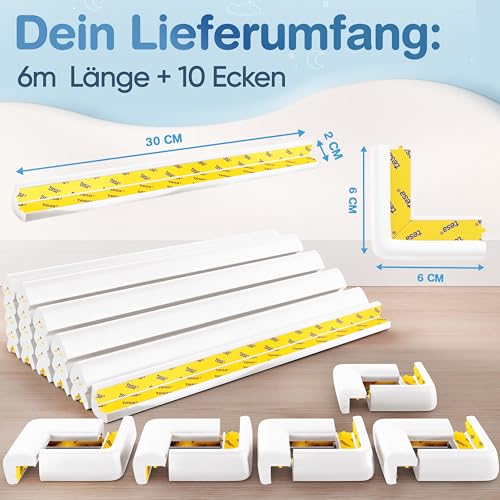 MUTKIND Kantenschutz Baby | 6 Meter + 10x Eckenschutz Baby | (Mit Kleber von TESA) Extra starker Halt - Eckenschutz Kantenschutz Selbstklebend (Weiß)