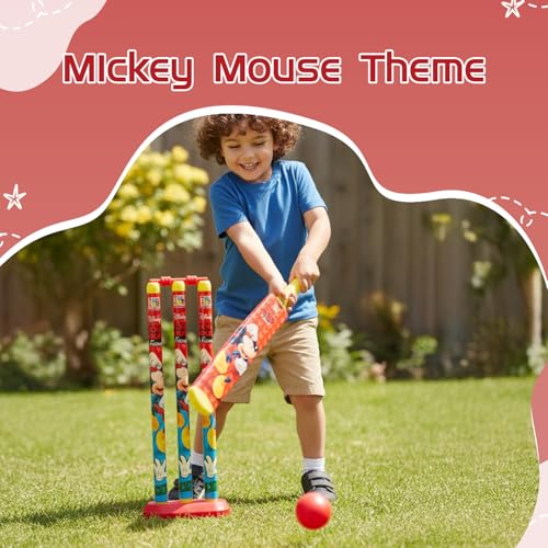 Image of Amazon Brand Jam & Honey Mickey Mouse Cricket Set for Kids, BIS Safe for Kids, Complete Cricket Kit with Bat Ball Stumps Bails and Holder, Indoor Outdoor Sports Toy for Kids Age 3+ Years