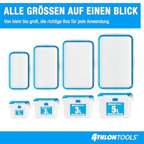 ATHLON TOOLS 4x 3L Frischhaltedosen-Set in Gastro-Qualität - 100% luftdicht und auslaufsicher -40 bis +100 Grad - für alle Lebensmittel - BPA-frei - Vorratsdosen für Kühlschrank (3 L | 4er Set)