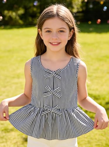 Image of Girls Bowknot Tank Tops Sleeveless Striped Shirts Cotton Peplum Babydoll Top