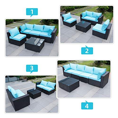 Viewee 5-Piece Patio Furniture Set PE Black Rattan All-Weather Wicker Sectional Outdoor Sofa Washable Blue 4-Cushions & 6-Pillows (Extra Gift: Ratchet/Hex/Allen Wrench)
