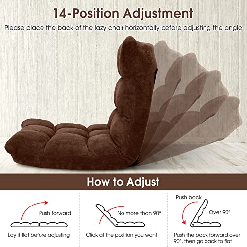 Image of Giantex Folding Sofa Chair with 14 Adjustable Positions, Padded Sleeper Bed, Couch Recliner, Gaming Floor Chair for Adults (Brown)