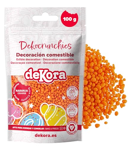 dekora – Dekocrunchies Naranja 100g, Sprinkles de azúcar crujientes y con sabor intenso, Topping repostería, perlas comestibles para decoración de tartas, galletas, cupcakes y helados