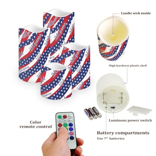 Image of 250 Years of America Pillar Led Candles Set of 4 Star Stripes Patriotic Candle Warmer Lamp Fourth of July Remote Control Candles Modern Decors for Indoor Outdoor Parties