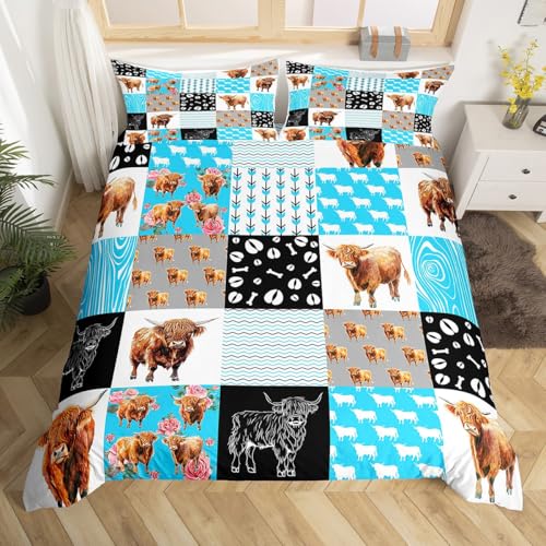 Erosebridal Highland Cow Duvet Cover Set Western Animals Comforter Cover,Cowgirl Farm Longhorn Bull Cattle Girl Toddler Bedding Set,Rustic Flowers Bed Set Cyan Patchwork Buffalo Plaid Farmhouse Decor