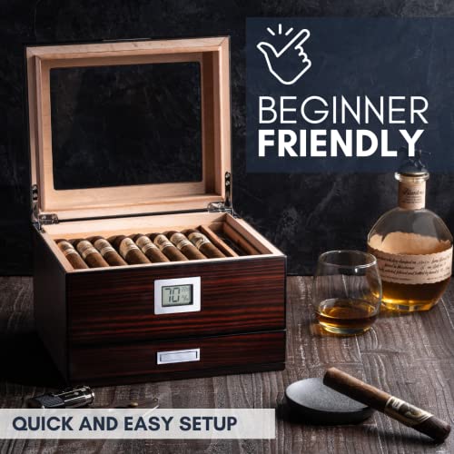 Mantello Cigars Humidor, Humidor Cigar Box with Drawer for Cigar Accessories - Humidor with Digital Hygrometer - Cigar Humidors - Holds 25-50 Cigars - Image 6