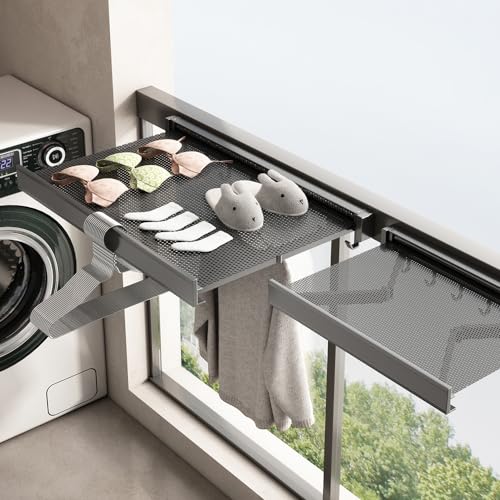 Image of Wall Mounted Drying Rack with Net, Laundry Rack for Shoes, Socks, Underwear - Folding, Retractable, Collapsible (Grey, 17.32 in)
