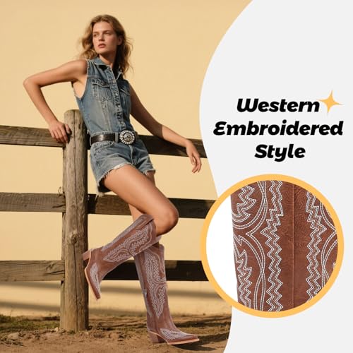 Image of LingxiaUne Cowboy Boots for Women Floral Cowgirl Boots with Pointed Toe and Chunky Heel Mid Calf Western Boot for Concert Festival Country Night Party