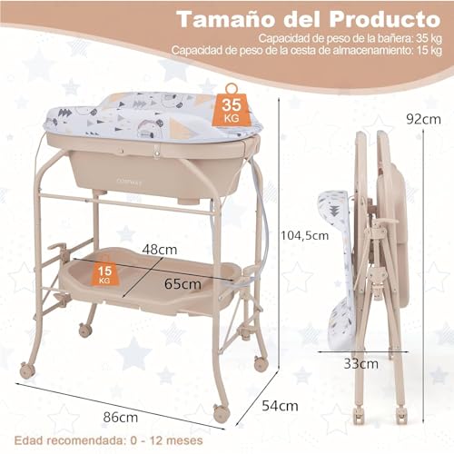 Miniatura 5 de Costway Bañera Bebe Con Cambiador 4 En 1, Bañera Cambiador Bebe Con Bandeja Y 4 Ruedas Bloqueables, Cambiador Bebe Portátil Y Plegable Con Cesta De Almacenaje, Cojín Impermeable, Carga 35kg Beige