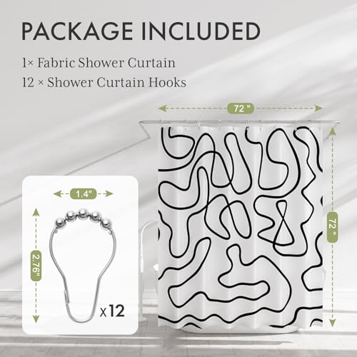 Image of AmazerBath Shower Curtain, Washable Cloth Black and White Shower Curtain Sets with 12 Metal Shower Curtain Hooks, Rustic Abstract Black Lines Art Fabric Shower Curtains for Bathroom Decor, 72x72 Inch