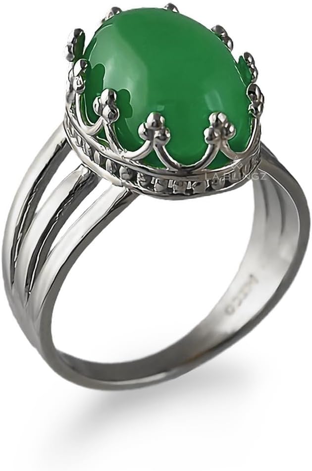 LA BLINGZ Sterling Silver Oval Crown Green Onyx Cabochon Tri-Band Gemstone Ring