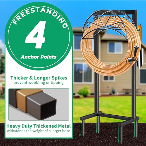 TomCare Garden Hose Holder Heavy Duty Water Hose Holder Holds 160 FT Hose 4 Spikes Hose Reel with 2 Tool Hooks Freestanding Hose Hanger Sturdy Hose Storage Stand for Outside Yard Lawn, Black