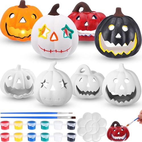 Zubebe 9 Pcs 4.1 Inch Halloween DIY Ceramic Pumpkins to Paint Kit Jack-o'-Lanterns Ceramic to Paint Pumpkins Bulk with Color Palette Brush Unpainted Bisque Votive Lantern(Not Include Candles)