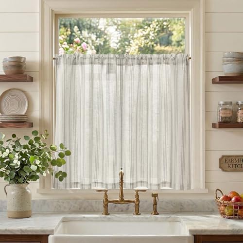 jinchan Linen Striped Tier Curtains for Kitchen Windows Farmhouse