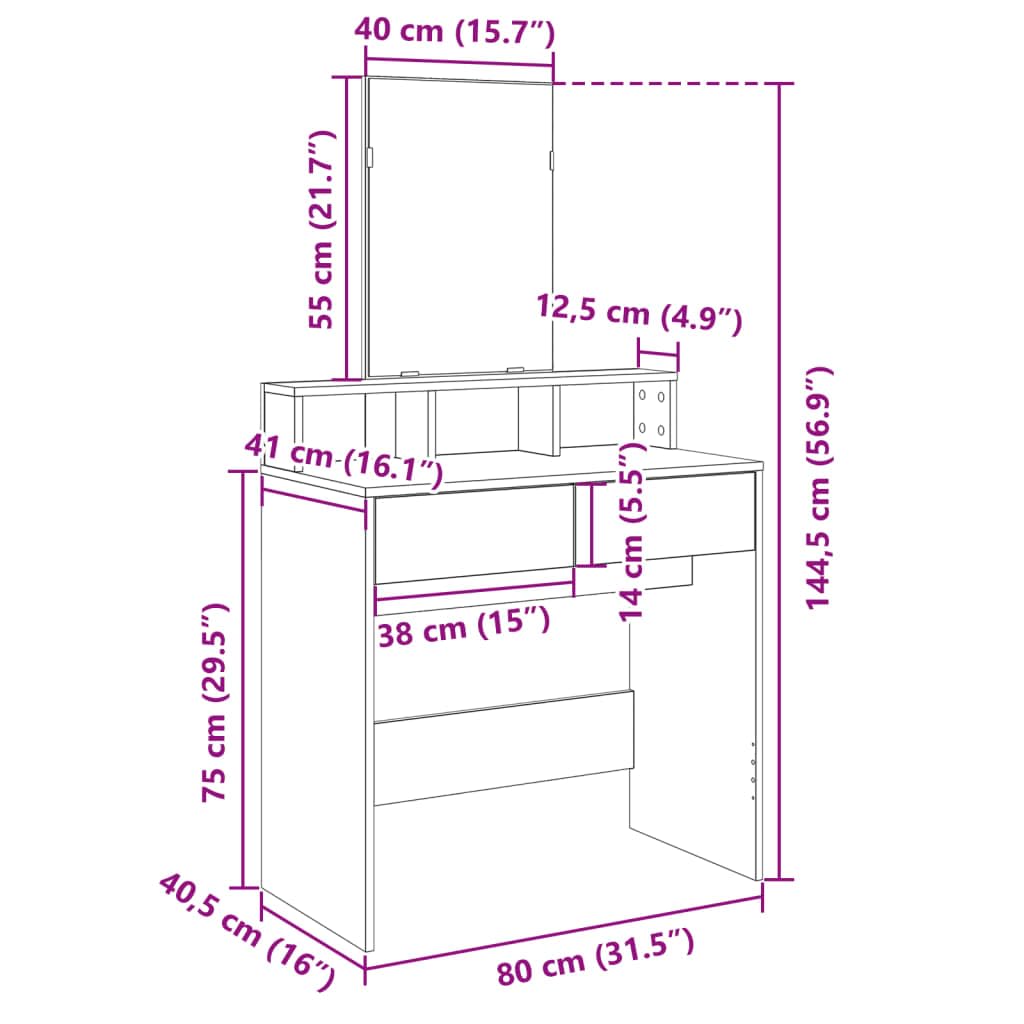 Schminktisch mit Spiegel Sonoma-Eiche Holzwerkstoff 80x41x144,5 cm mit 2 Schubladen und 3 Fächern Stauraum für Schlafzimmer und Ankleidezimmer Makeup und Pflege