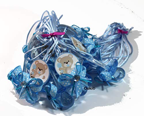 12 Teddy Bear Design Blue Pink Boy Girl Acrylic Pacifier Ribbon Necklaces Baby Shower Game Favors Prize Decorations (Blue)