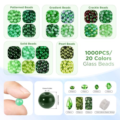 Image of Funtopia 1600pcs Green Glass Beads for Bracelets, 6mm Crystal Beads | Beads for Jewelry Making Beaded Plants, Round Glass Beads with Faceted Bead Seed Beads for DIY Plant Making Crafts Earrings