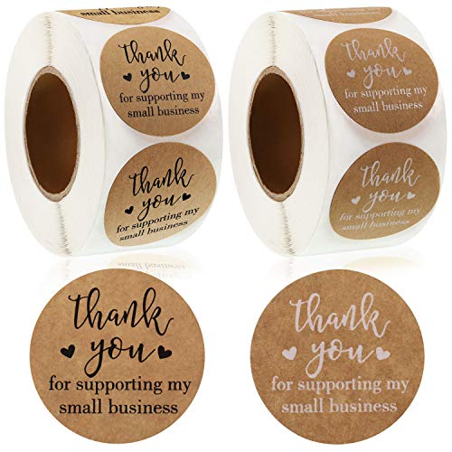 2 Rolls 1.5 Inch Thank You Stickers Label Seals 1000 Thank You for Supporting My Small Business Stickers Brown Round Kraft Stickers Boutique Bag Labels and Postal Supplies Decorative Seal Stickers