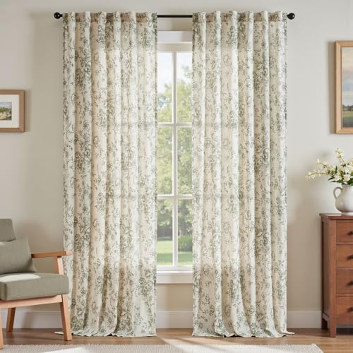 JINCHAN Linen Blend Curtain Floral Curtains for Living Room 96 Inch Length